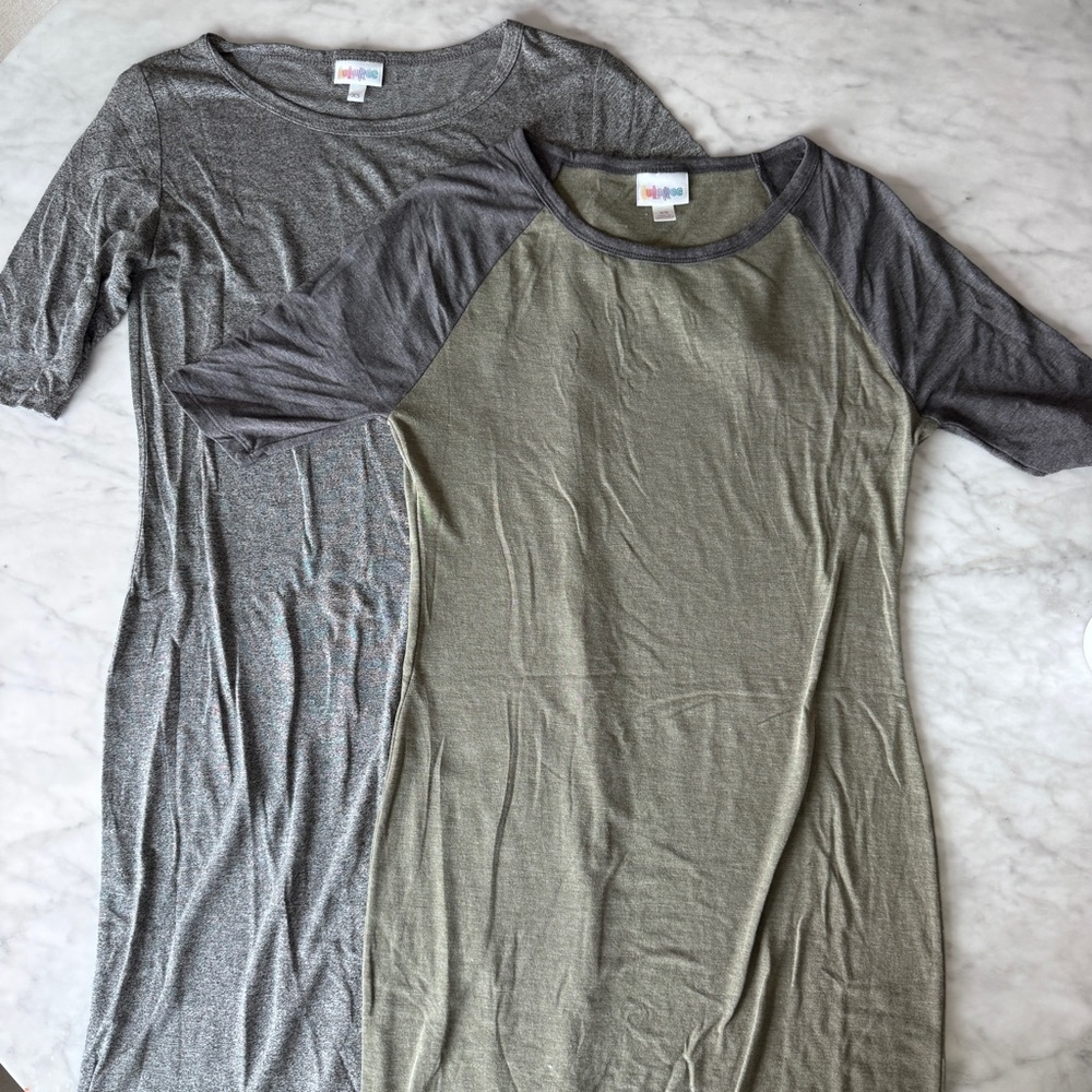 LuLaRoe Bundle of Two Olive & Gray Baseball Tee Dresses - Comfortable Casual